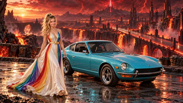 Kristin as Rainbow Brite wears a pearl-white pleated evening gown with jewel-tone rainbow panels and a fine gold star belt beside a glacier turquoise 1972 Datsun 240Z on Hellforge, in The Ember Rift.