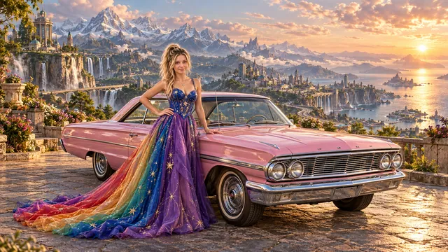 Kristin as Rainbow Brite wears a violet organza couture gown with a structured cobalt bodice, sweeping rainbow train and star jewels beside a pearl pink 1964 Ford Galaxie 500 on Kaizora, in The Ember Rift.