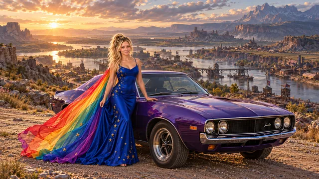 Kristin as Rainbow Brite wears a cobalt satin column gown with a dramatic rainbow chiffon cape and tiny gold star embroidery beside a deep violet 1973 AMC Javelin on Duralon, in The Ember Rift.