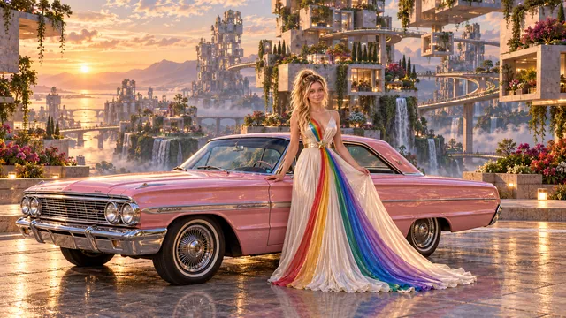 Kristin as Rainbow Brite wears a pearl-white pleated evening gown with jewel-tone rainbow panels and a fine gold star belt beside a pearl pink 1964 Ford Galaxie 500 on Cubiq, in The Ember Rift.