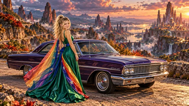 Kristin as Rainbow Brite wears a emerald silk evening dress with rainbow ribbon appliqué, a royal-blue waist sash and a jeweled star buckle beside a deep violet 1964 Ford Galaxie 500 on Wildspire, in The Ember Rift.