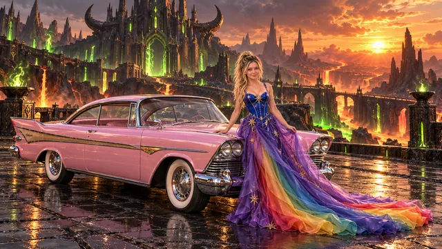 Kristin as Rainbow Brite wears a violet organza couture gown with a structured cobalt bodice, sweeping rainbow train and star jewels beside a pearl pink 1958 Plymouth Fury on Tauraxis, in The Ember Rift.