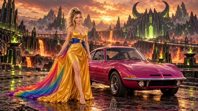 Kristin as Rainbow Brite wears a saffron satin evening gown with a royal-blue sash, graceful rainbow ribbon train and gold star pendant beside a fuchsia magenta 1970 Opel GT on Tauraxis, in The Ember Rift.