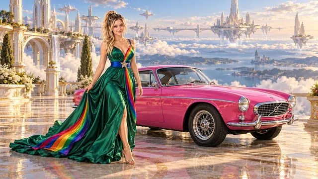 Kristin as Rainbow Brite wears a emerald silk evening dress with rainbow ribbon appliqué, a royal-blue waist sash and a jeweled star buckle beside a hot pink 1967 Volvo P1800 on Nimbora, in The Ember Rift.