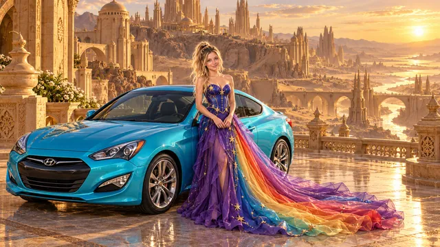 Kristin as Rainbow Brite wears a violet organza couture gown with a structured cobalt bodice, sweeping rainbow train and star jewels beside a glacier turquoise 2016 Hyundai Genesis Coupe on Dunara, in The Golden Quiet.