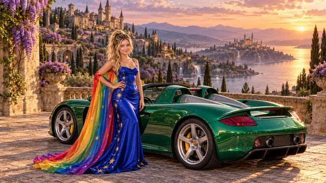 Kristin as Rainbow Brite wears a cobalt satin column gown with a dramatic rainbow chiffon cape and tiny gold star embroidery beside a bright emerald 2004 Porsche Carrera GT on Frenchi’s Haven, in The Golden Quiet.