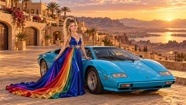 Kristin as Rainbow Brite wears a floor-length royal-blue silk gown with sculptural rainbow pleats and a flowing train, gold star belt beside a electric cyan 1974 Lamborghini Countach on The Sand Lots, in The Golden Quiet.