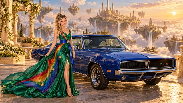 Kristin as Rainbow Brite wears a emerald silk evening dress with rainbow ribbon appliqué, a royal-blue waist sash and a jeweled star buckle beside a cobalt blue 1969 Dodge Charger on Everafter, in The Golden Quiet.