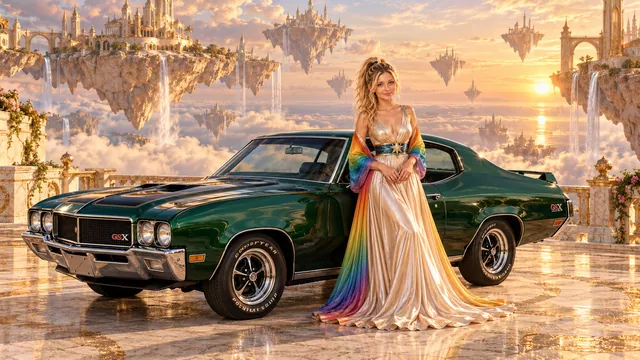 Kristin as Rainbow Brite wears a iridescent champagne satin gown with rainbow pleated sleeves and a sculpted blue-and-gold star belt beside a deep emerald green 1970 Buick GSX on Everafter, in The Golden Quiet.