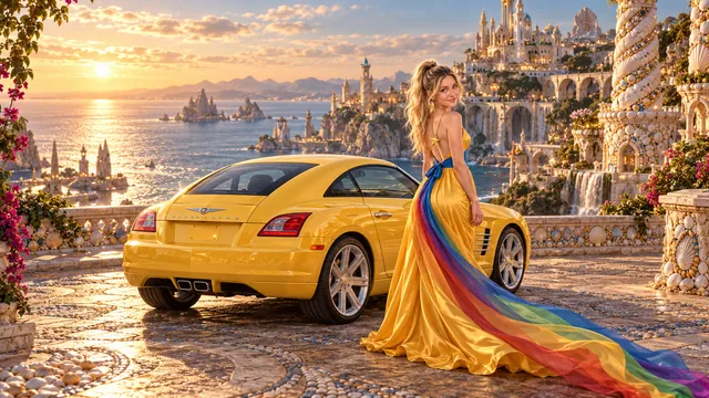 Kristin as Rainbow Brite wears a saffron satin evening gown with a royal-blue sash, graceful rainbow ribbon train and gold star pendant beside a sunflower yellow 2006 Chrysler Crossfire on Shellspire, in The Golden Quiet.