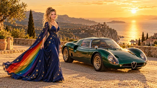 Kristin as Rainbow Brite wears a midnight-blue long-sleeved evening gown with a flowing rainbow-lined cape and tiny star embroidery beside a deep emerald green 1967 Alfa Romeo 33 Stradale on Golden Hour, in The Golden Quiet.