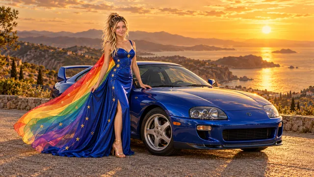 Kristin as Rainbow Brite wears a cobalt satin column gown with a dramatic rainbow chiffon cape and tiny gold star embroidery beside a cobalt blue 1997 Toyota Supra on Golden Hour, in The Golden Quiet.