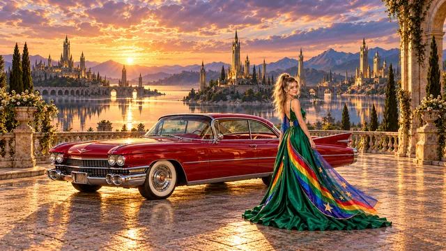 Kristin as Rainbow Brite wears a emerald silk evening dress with rainbow ribbon appliqué, a royal-blue waist sash and a jeweled star buckle beside a crimson red 1959 Cadillac Eldorado on Moatlight, in The Golden Quiet.