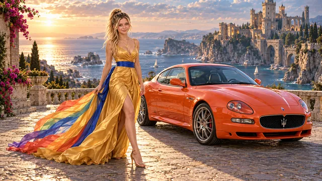 Kristin as Rainbow Brite wears a saffron satin evening gown with a royal-blue sash, graceful rainbow ribbon train and gold star pendant beside a coral orange 2004 Maserati GranSport on Tidekeep, in The Golden Quiet.