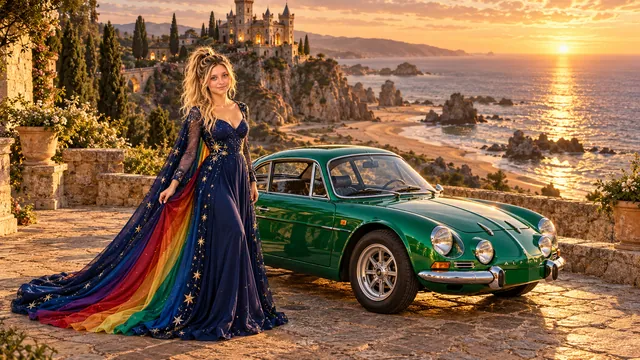 Kristin as Rainbow Brite wears a midnight-blue long-sleeved evening gown with a flowing rainbow-lined cape and tiny star embroidery beside a bright emerald 1973 Renault Alpine A110 on The First Castle, in The Golden Quiet.