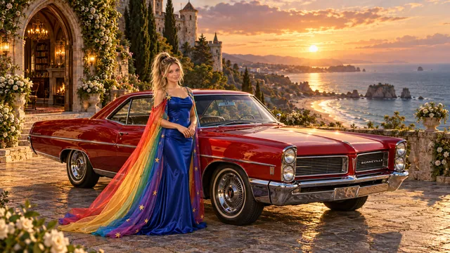 Kristin as Rainbow Brite wears a cobalt satin column gown with a dramatic rainbow chiffon cape and tiny gold star embroidery beside a candy apple red 1965 Pontiac Bonneville on The First Castle, in The Golden Quiet.