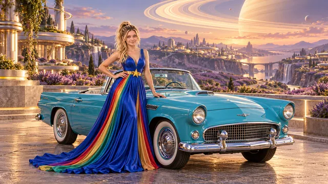 Kristin as Rainbow Brite wears a floor-length royal-blue silk gown with sculptural rainbow pleats and a flowing train, gold star belt beside a electric turquoise 1955 Ford Thunderbird on Orbitra, in The Golden Quiet.
