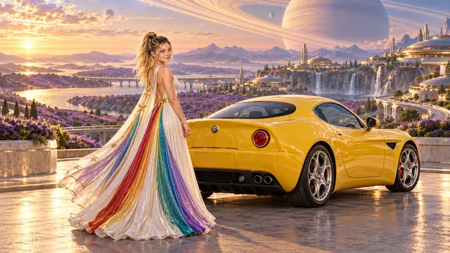 Kristin as Rainbow Brite wears a pearl-white pleated evening gown with jewel-tone rainbow panels and a fine gold star belt beside a sunflower yellow 2008 Alfa Romeo 8C Competizione on Orbitra, in The Golden Quiet.