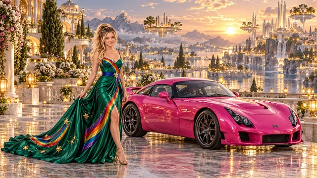 Kristin as Rainbow Brite wears a emerald silk evening dress with rainbow ribbon appliqué, a royal-blue waist sash and a jeweled star buckle beside a hot pink 2004 TVR Sagaris on Luminara, in The Golden Quiet.