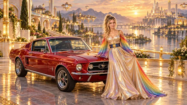 Kristin as Rainbow Brite wears a iridescent champagne satin gown with rainbow pleated sleeves and a sculpted blue-and-gold star belt beside a candy apple red 1967 Ford Mustang Fastback on Luminara, in The Golden Quiet.