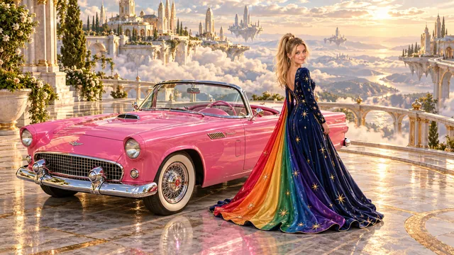 Kristin as Rainbow Brite wears a midnight-blue long-sleeved evening gown with a flowing rainbow-lined cape and tiny star embroidery beside a hot pink 1955 Ford Thunderbird on Silvaroy, in The Golden Quiet.