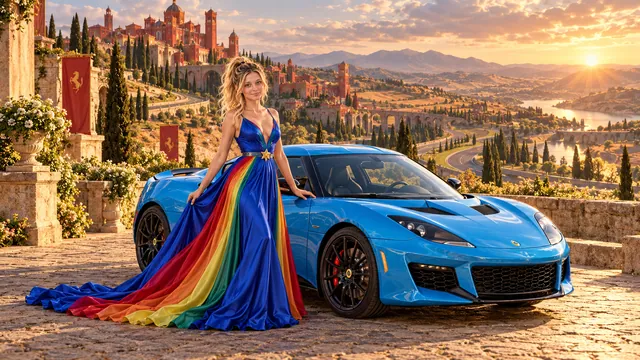 Kristin as Rainbow Brite wears a floor-length royal-blue silk gown with sculptural rainbow pleats and a flowing train, gold star belt beside a electric cyan 2017 Lotus Evora 400 on Cavallara, in The Golden Quiet.