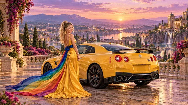 Kristin as Rainbow Brite wears a saffron satin evening gown with a royal-blue sash, graceful rainbow ribbon train and gold star pendant beside a sunflower yellow 2017 Nissan GT-R on Edenora, in The Golden Quiet.