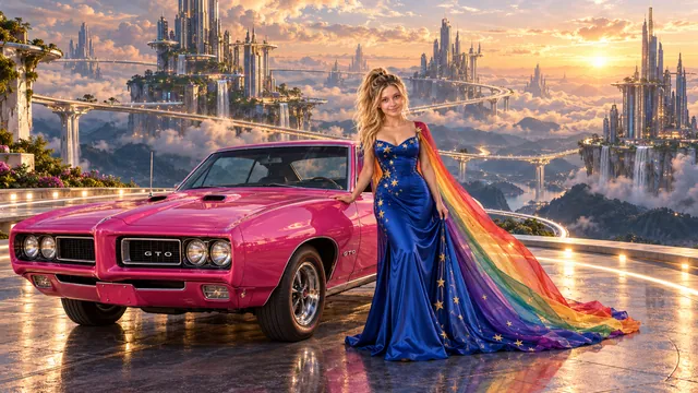 Kristin as Rainbow Brite wears a cobalt satin column gown with a dramatic rainbow chiffon cape and tiny gold star embroidery beside a hot pink 1969 Pontiac GTO on Skyrise, in The Golden Quiet.