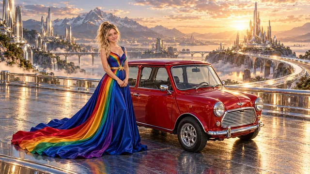 Kristin as Rainbow Brite wears a floor-length royal-blue silk gown with sculptural rainbow pleats and a flowing train, gold star belt beside a candy apple red 1967 Austin Mini Cooper S on Specularis, in The Silver Assembly.