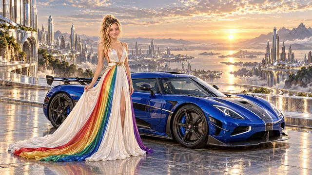Kristin as Rainbow Brite wears a pearl-white pleated evening gown with jewel-tone rainbow panels and a fine gold star belt beside a cobalt blue 2015 Koenigsegg Agera RS on Specularis, in The Silver Assembly.