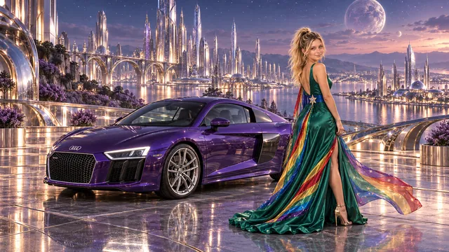 Kristin as Rainbow Brite wears a emerald silk evening dress with rainbow ribbon appliqué, a royal-blue waist sash and a jeweled star buckle beside a deep violet 2017 Audi R8 on Chromehaven, in The Silver Assembly.