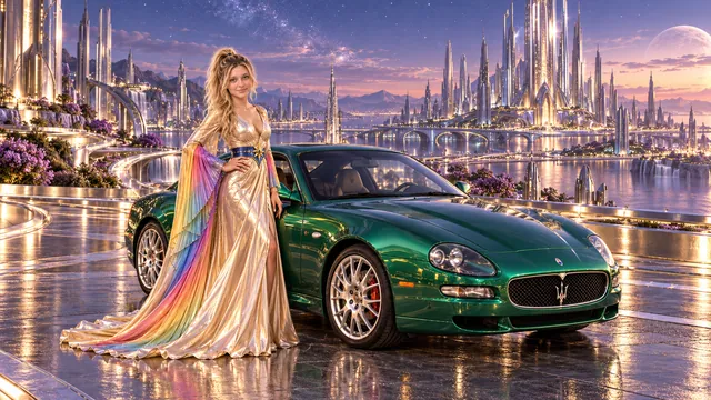 Kristin as Rainbow Brite wears a iridescent champagne satin gown with rainbow pleated sleeves and a sculpted blue-and-gold star belt beside a bright emerald 2004 Maserati GranSport on Chromehaven, in The Silver Assembly.