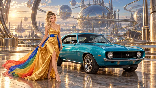 Kristin as Rainbow Brite wears a saffron satin evening gown with a royal-blue sash, graceful rainbow ribbon train and gold star pendant beside a electric turquoise 1969 Chevrolet Camaro on Orbitalis, in The Silver Assembly.