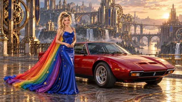Kristin as Rainbow Brite wears a cobalt satin column gown with a dramatic rainbow chiffon cape and tiny gold star embroidery beside a crimson red 1972 De Tomaso Pantera on Pendulum, in The Silver Assembly.