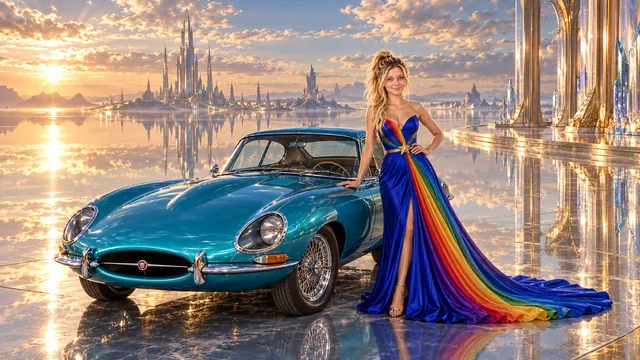 Kristin as Rainbow Brite wears a floor-length royal-blue silk gown with sculptural rainbow pleats and a flowing train, gold star belt beside a electric turquoise 1961 Jaguar E-Type on Mercurial, in The Silver Assembly.