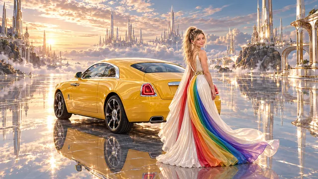 Kristin as Rainbow Brite wears a pearl-white pleated evening gown with jewel-tone rainbow panels and a fine gold star belt beside a sunflower yellow 2016 Rolls-Royce Wraith on Mercurial, in The Silver Assembly.
