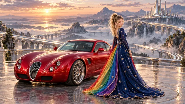 Kristin as Rainbow Brite wears a midnight-blue long-sleeved evening gown with a flowing rainbow-lined cape and tiny star embroidery beside a candy apple red 2007 Wiesmann GT MF5 on Argent Rail, in The Silver Assembly.