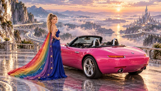 Kristin as Rainbow Brite wears a cobalt satin column gown with a dramatic rainbow chiffon cape and tiny gold star embroidery beside a hot pink 2001 BMW Z8 on Argent Rail, in The Silver Assembly.