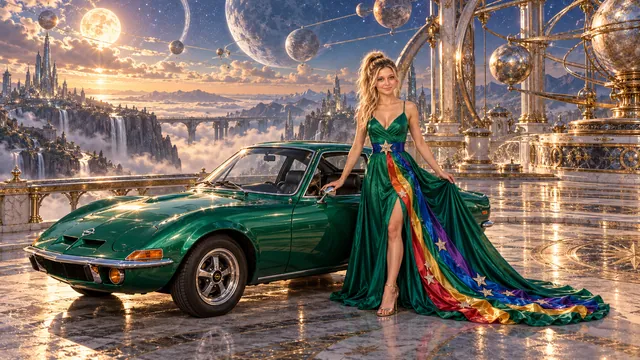 Kristin as Rainbow Brite wears a emerald silk evening dress with rainbow ribbon appliqué, a royal-blue waist sash and a jeweled star buckle beside a bright emerald 1970 Opel GT on The Orrery, in The Silver Assembly.