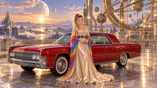 Kristin as Rainbow Brite wears a iridescent champagne satin gown with rainbow pleated sleeves and a sculpted blue-and-gold star belt beside a candy apple red 1963 Lincoln Continental on The Orrery, in The Silver Assembly.
