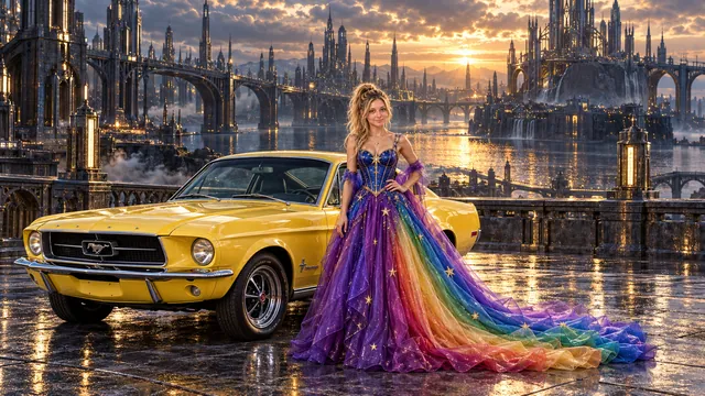 Kristin as Rainbow Brite wears a violet organza couture gown with a structured cobalt bodice, sweeping rainbow train and star jewels beside a lemon yellow 1967 Ford Mustang Fastback on Steelwater, in The Silver Assembly.