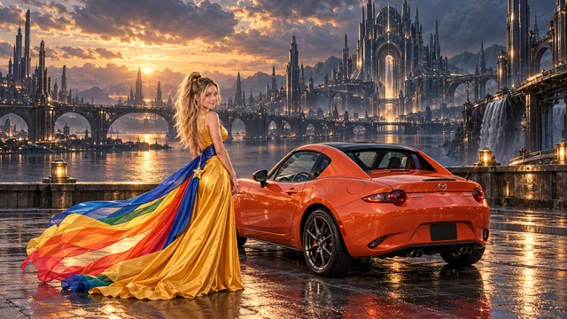 Kristin as Rainbow Brite wears a saffron satin evening gown with a royal-blue sash, graceful rainbow ribbon train and gold star pendant beside a coral orange 2019 Mazda MX-5 RF on Steelwater, in The Silver Assembly.