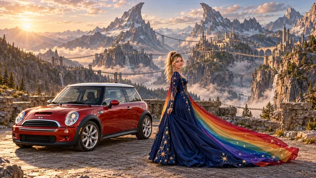 Kristin as Rainbow Brite wears a midnight-blue long-sleeved evening gown with a flowing rainbow-lined cape and tiny star embroidery beside a candy apple red 2006 Mini Cooper S on Hornspire, in The Silver Assembly.