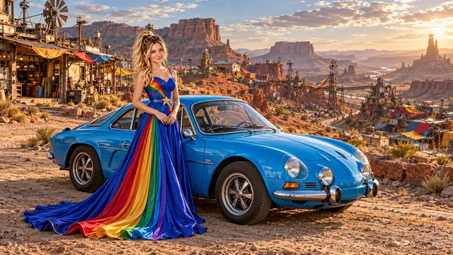 Kristin as Rainbow Brite wears a floor-length royal-blue silk gown with sculptural rainbow pleats and a flowing train, gold star belt beside a electric cyan 1973 Renault Alpine A110 on Ramblora, in The Silver Assembly.