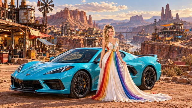 Kristin as Rainbow Brite wears a pearl-white pleated evening gown with jewel-tone rainbow panels and a fine gold star belt beside a glacier turquoise 2020 Chevrolet Corvette C8 on Ramblora, in The Silver Assembly.