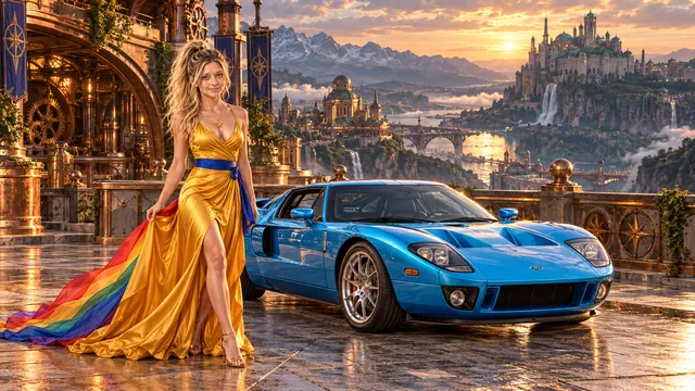 Kristin as Rainbow Brite wears a saffron satin evening gown with a royal-blue sash, graceful rainbow ribbon train and gold star pendant beside a electric cyan 2005 Ford GT on Boxerhold, in The Silver Assembly.