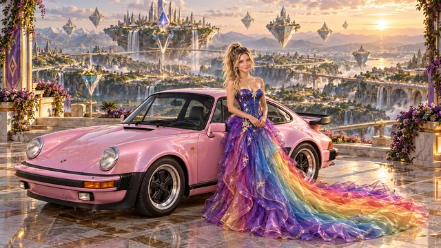 Kristin as Rainbow Brite wears a violet organza couture gown with a structured cobalt bodice, sweeping rainbow train and star jewels beside a pearl pink 1986 Porsche 911 Turbo on Rhombara, in The Silver Assembly.