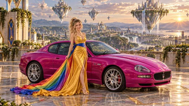 Kristin as Rainbow Brite wears a saffron satin evening gown with a royal-blue sash, graceful rainbow ribbon train and gold star pendant beside a fuchsia magenta 2004 Maserati GranSport on Rhombara, in The Silver Assembly.