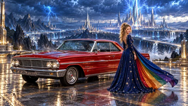 Kristin as Rainbow Brite wears a midnight-blue long-sleeved evening gown with a flowing rainbow-lined cape and tiny star embroidery beside a candy apple red 1964 Ford Galaxie 500 on Tempestris, in The Silver Assembly.
