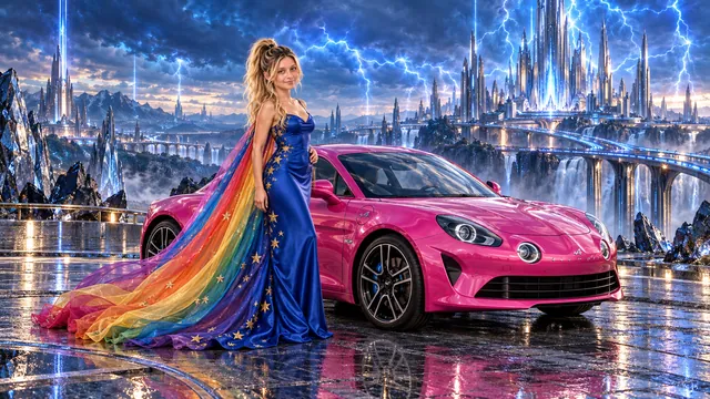 Kristin as Rainbow Brite wears a cobalt satin column gown with a dramatic rainbow chiffon cape and tiny gold star embroidery beside a hot pink 2018 Alpine A110 on Tempestris, in The Silver Assembly.